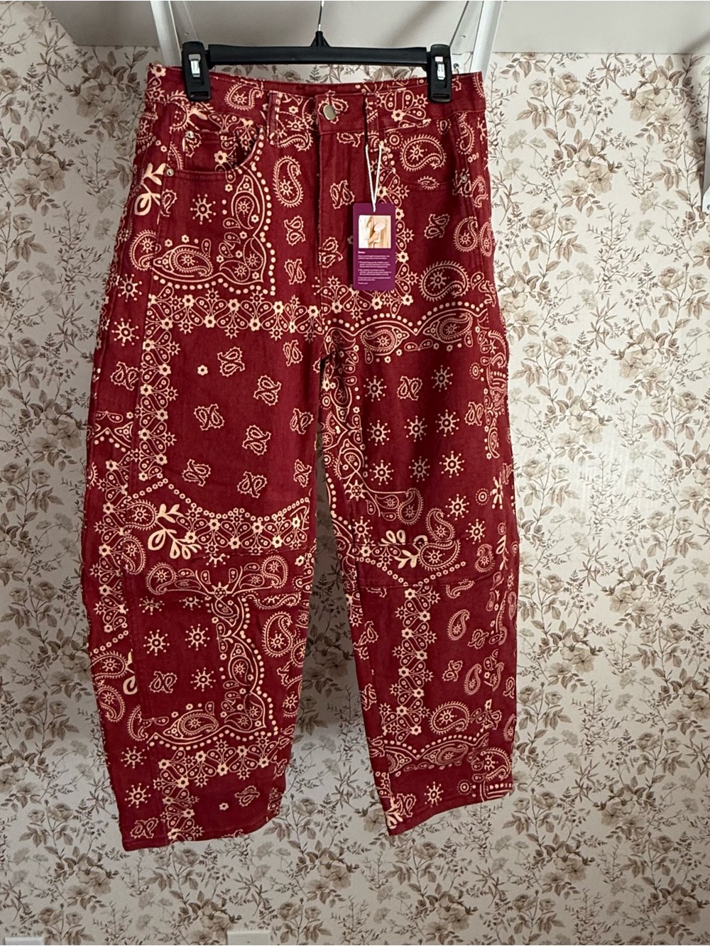 Boutique Red Bandana Paisley Printed Wide Leg Barrel Jeans - Picture 5 of 11